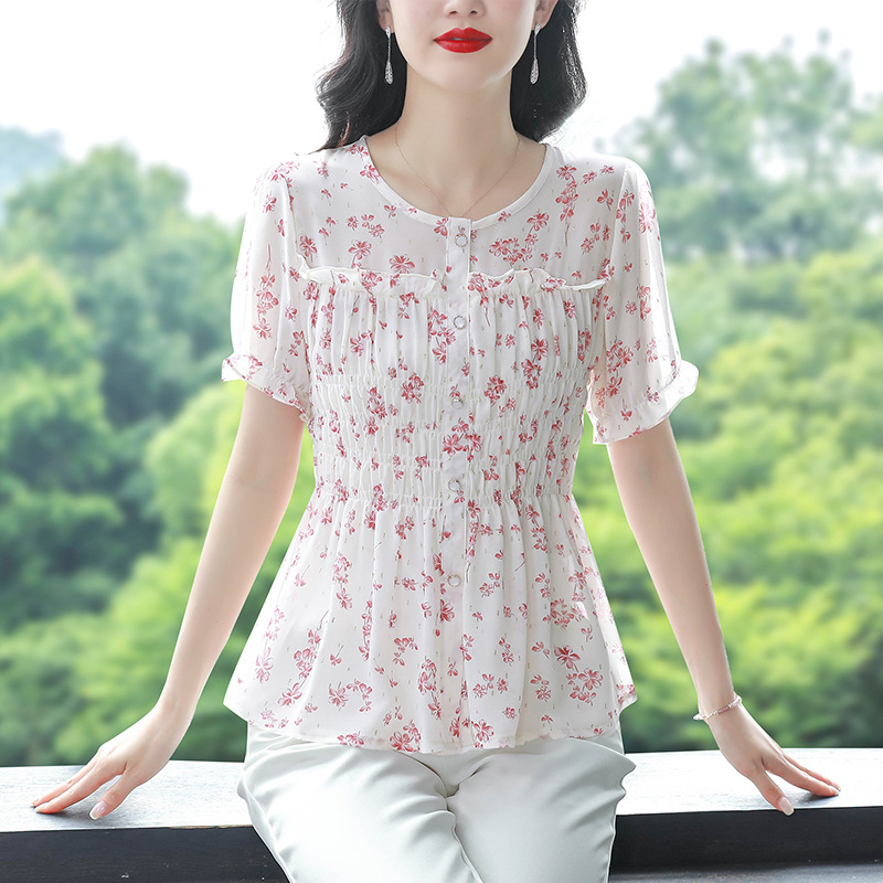 收腰短袖衬衫夏季女装2024新款时尚印花雪纺遮肚上衣显瘦洋气小衫