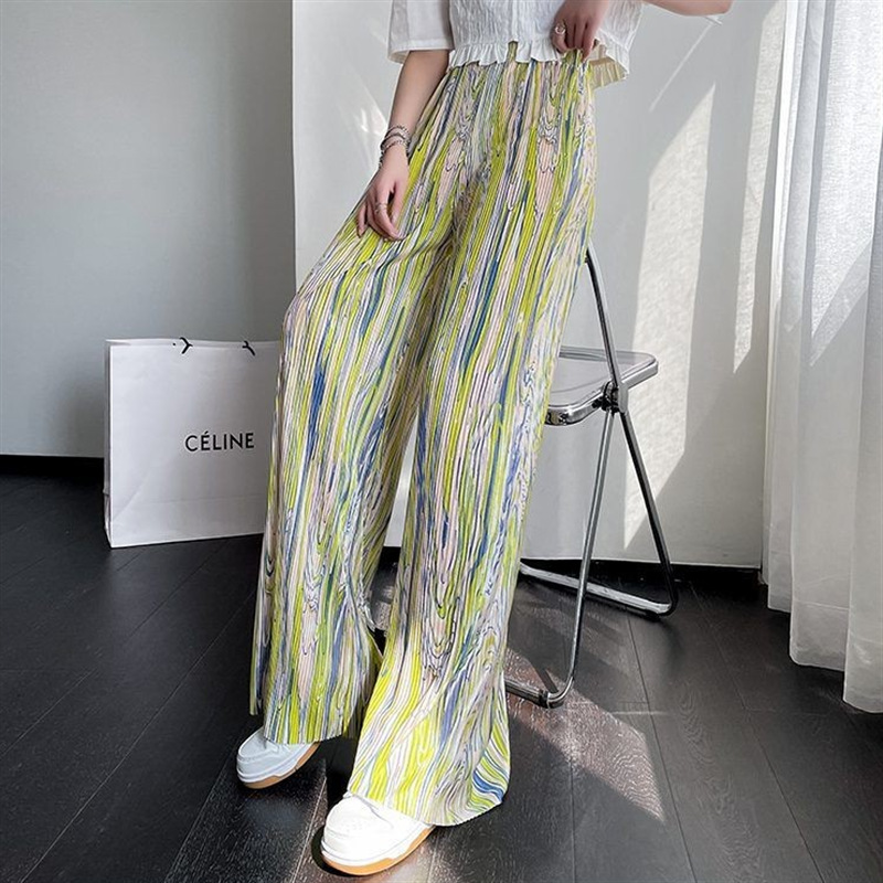 2023 Spring and Summer New Rainbow Bar Wide-Leg Pants Female Flow Color Printing Flower Ice Silk Mop High Waist Drooping Loose Straight