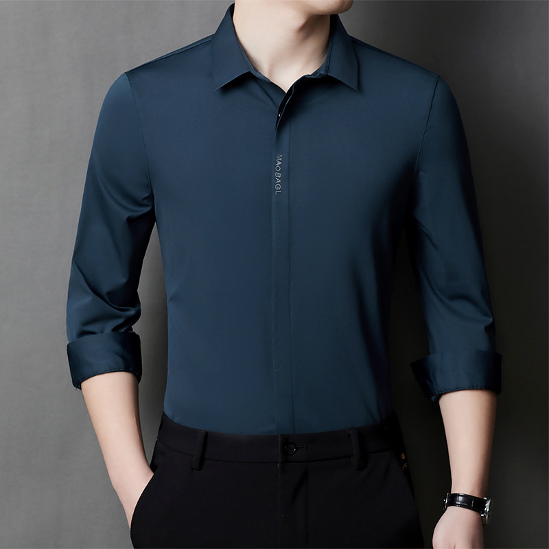 轻奢商务长袖衬衣男士春秋弹力免烫中年爸爸休闲西装内搭暗扣衬衫