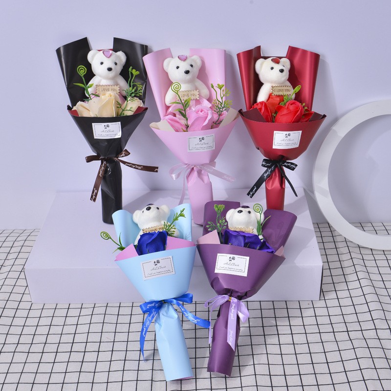 Valentine's Day Gift 3 Soap Flower Artificial Rose Little Bear Cartoon Doll Bouquet Gift Box Qixi Confession Girlfriend