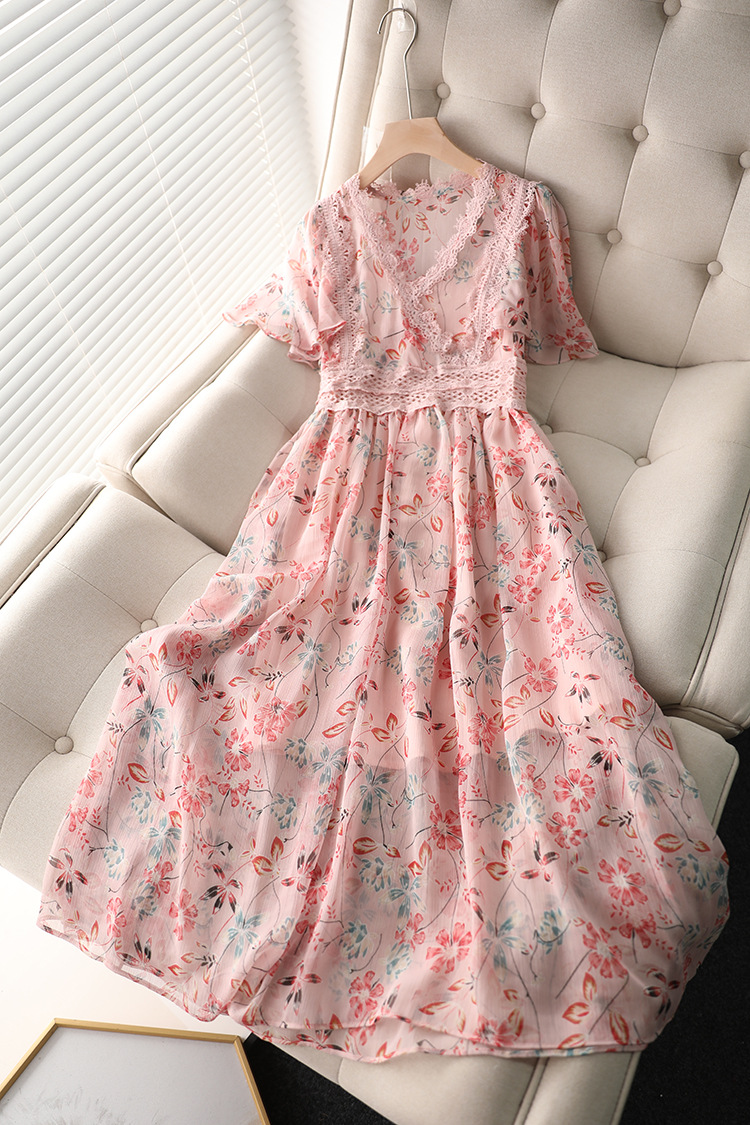 显瘦连衣裙女夏2021年新款夏季气质改良旗袍长款碎花粉色雪纺裙子