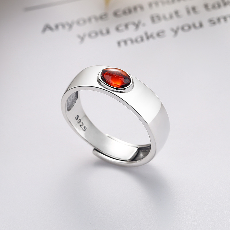 云潮轩s925银复古时尚血珀天然石法式轻奢风小众设计百搭开口戒指