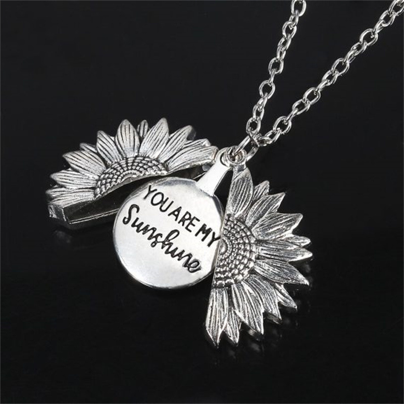 Flower-Shaped Necklace Alloy Flower Sunflower Double Layer Inscription Necklace Can Open SUNFLOWER Clavicle Chain
