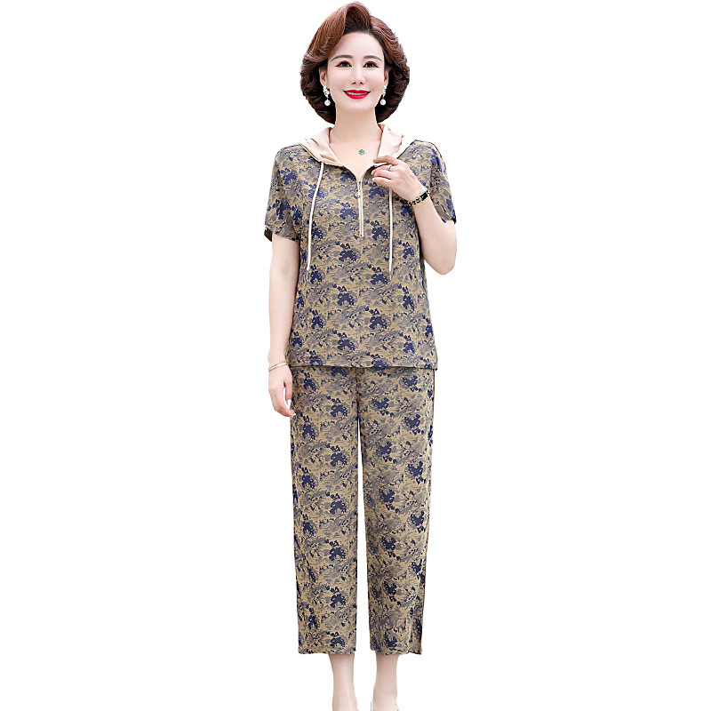 Middle-Aged and Elderly Women's Clothing Fashionable Short Sleeve Two-Piece Set 2024 New Top Middle-Aged Mom Summer Clothes Top Fashion Suit