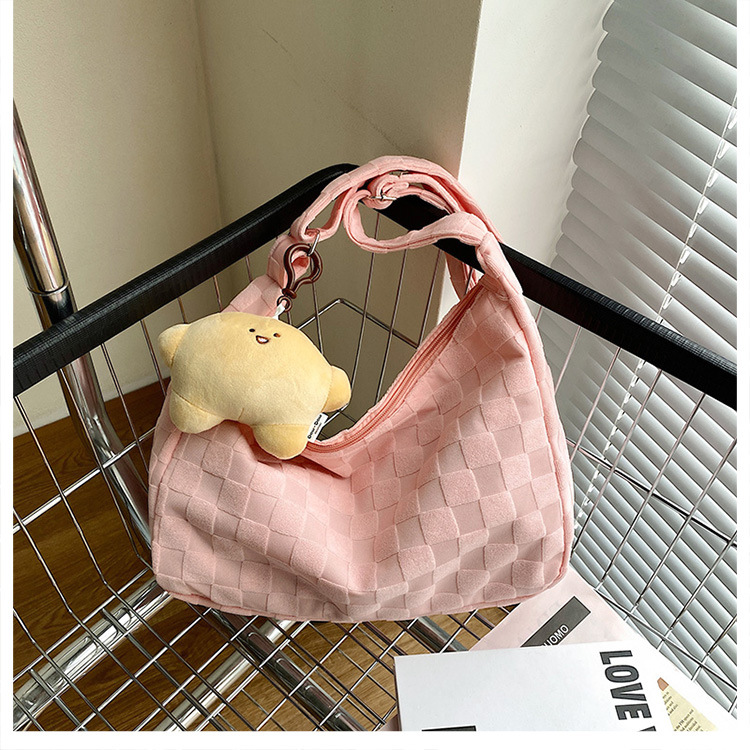 2023 New Women's Personalized Fashion Large Capacity Student Make-up Class Towel Grid Simple All-Match Shoulder Bag Trendy Oblique