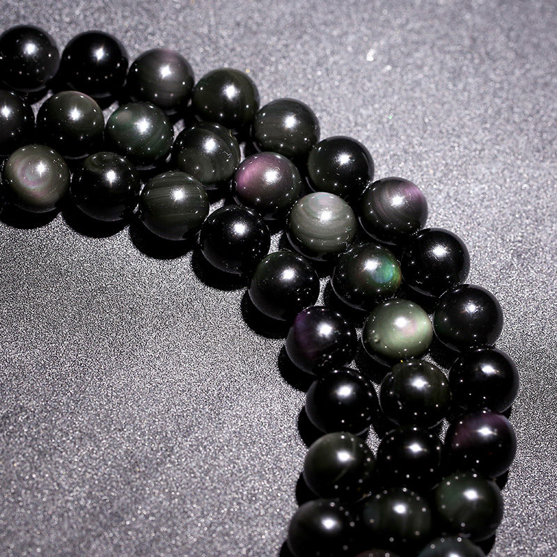 批diy手工串珠佛珠手天然彩虹眼黑曜石散珠半成品 链项链水晶饰品