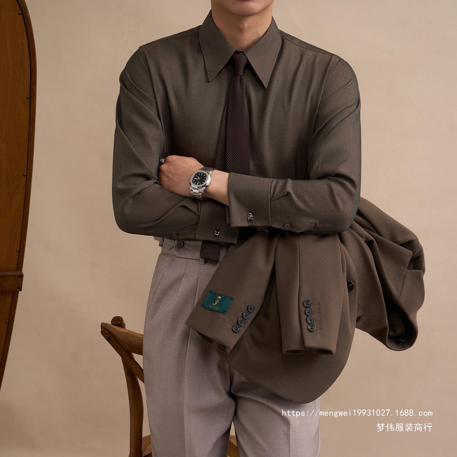 法式白色衬衫男士复古正装抗皱棕色衬衣休闲上衣意式黑色西装梦伟