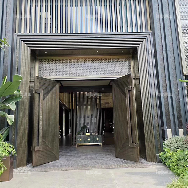 酒店门头屏风隔断墙工程定制新中式售楼部营销中心青古铜铝板大门