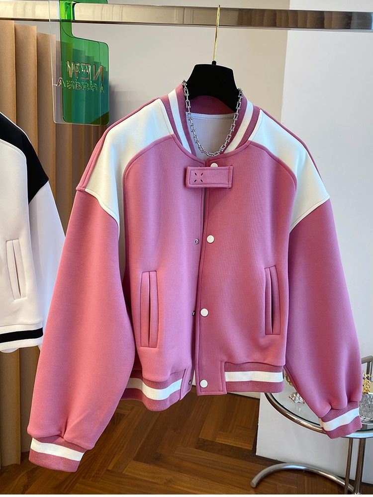 拼接粉色棒球服外套女春秋季新款设计感别致好看炸街夹克上衣