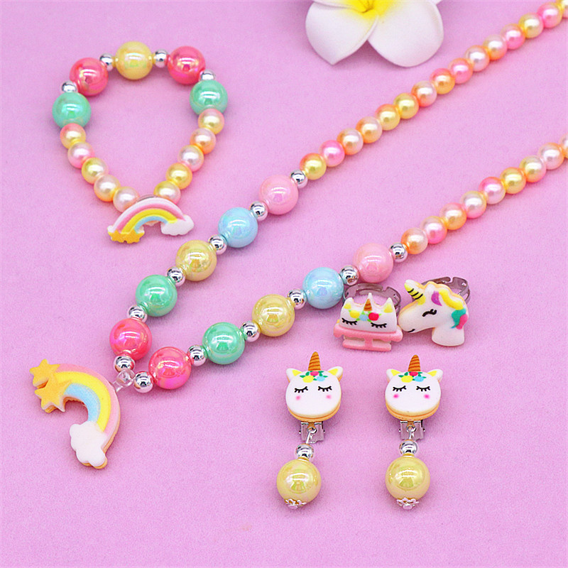 Children's Necklace, Bracelet Set Cute Cartoon Unicorn Girl Necklace Student Bead String Jewelry