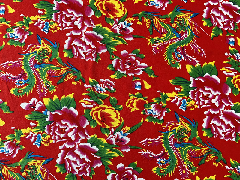 民族风大红花布 凤凰戏牡丹东北大花布 旗袍连衣裙棉麻印花布料