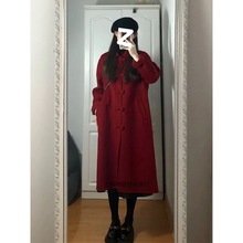 大衣新年酒红色呢子大衣新款韩系赫本小个子毛呢外套长款2024款式