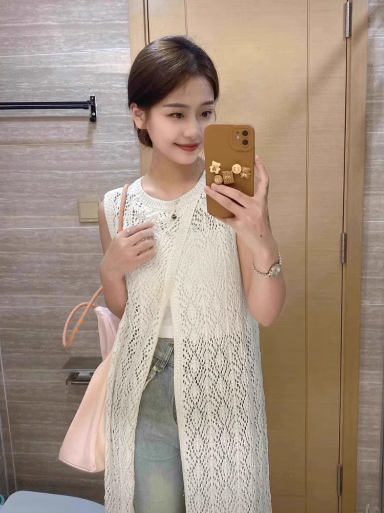 白色外搭开衫长款针织镂空罩衫上衣外套叠穿女夏薄款2024新款无袖