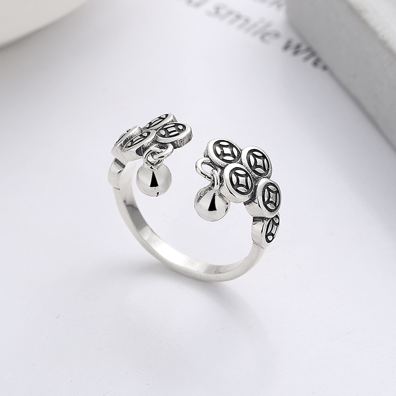 云潮轩s925银复古国潮铜钱铃铛设计古风文艺个性创意设计开口戒指