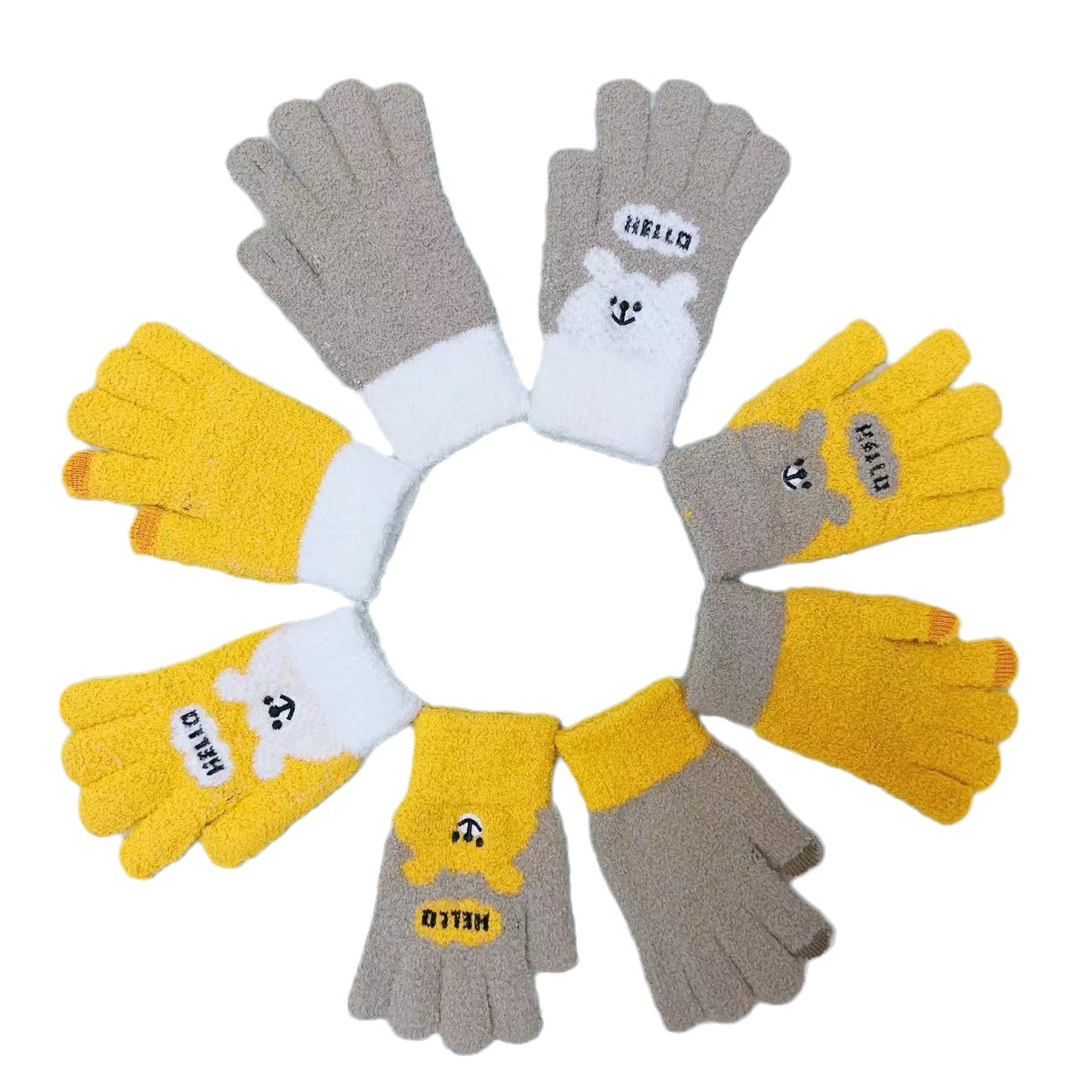 冬季韩版hello熊 可爱卡通加厚棉保暖针织手套 触屏防寒骑车全指