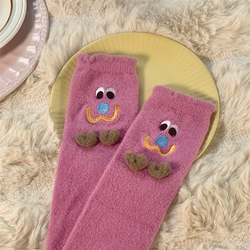 Autumn and Winter Two Children Tube Socks Crystal Yarn Three-Dimensional Smiling Face Room Socks Cute Japanese Style Home Sleeping Socks