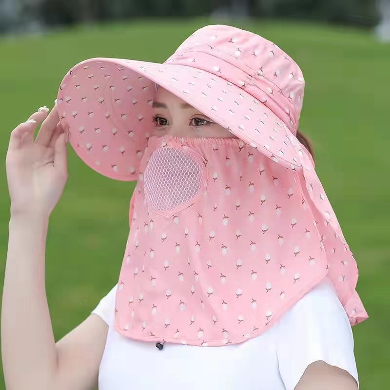 Summer Sun Hat Women's Sun-Proof Face Cover Shawl Hat Riding Face Care Broad-Brimmed Hat Mask Tea Picking Hat Small Cherry Foldable