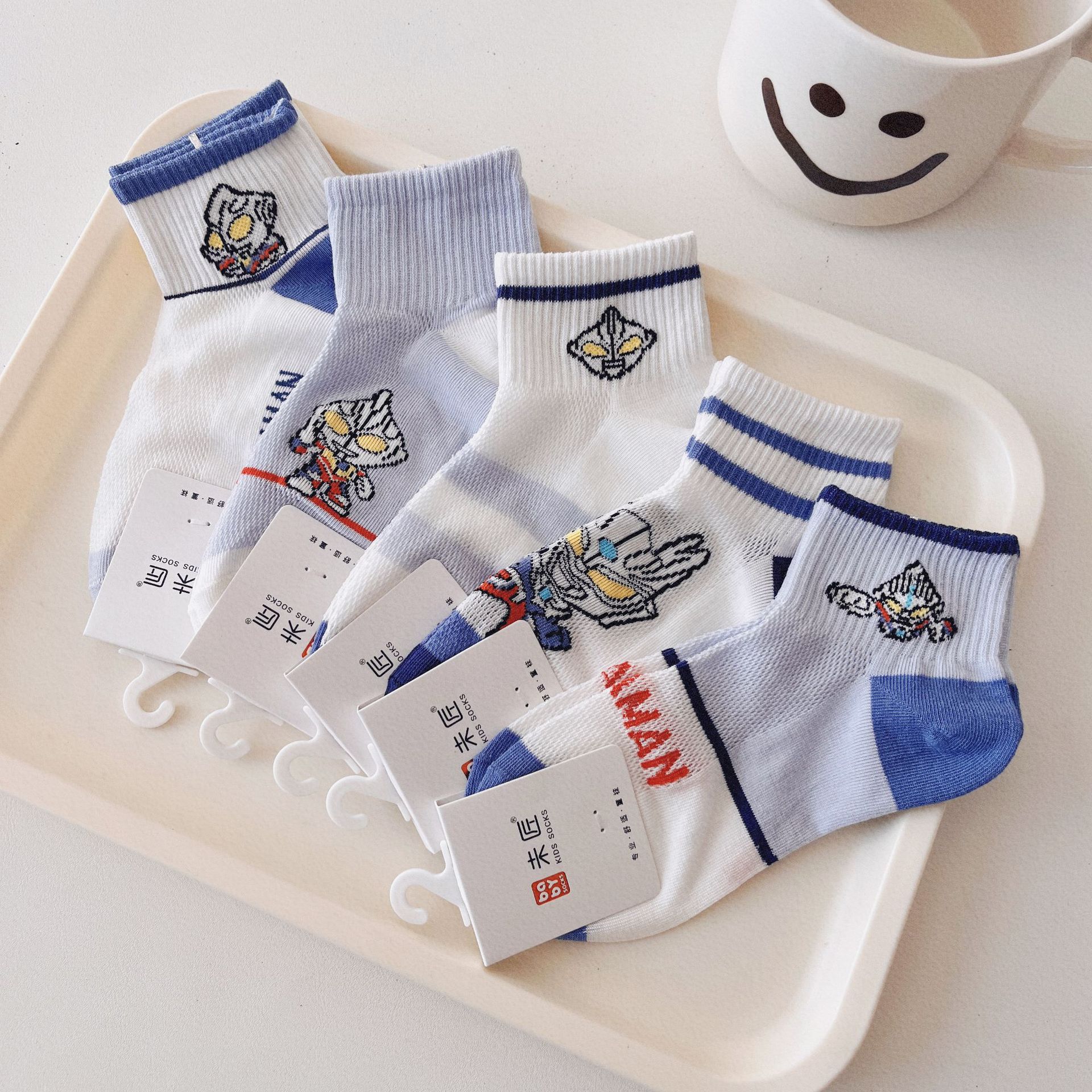 2024新款春季精梳棉无骨棉袜白色条纹卡通中筒袜棉男宝儿童袜子