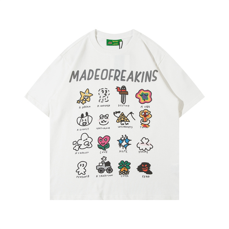 韩版休闲t恤可爱涂鸦字母印花短袖男潮牌街头宽松百搭情侣款上衣