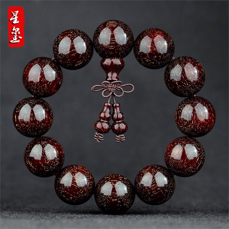 印度小叶紫檀手串野生老料半面爆满金星20mm男佛珠紫檀