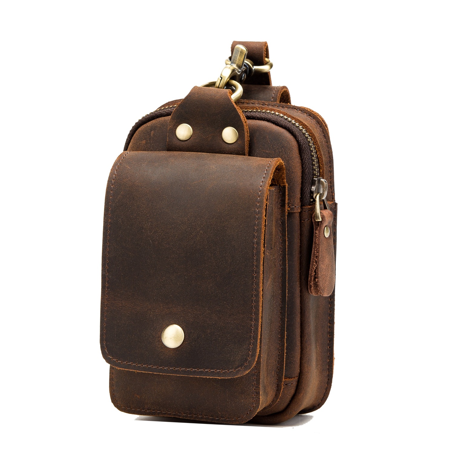 头层疯马皮腰包真皮外贸男士6寸手机包户外带挂钩穿腰带小腰包