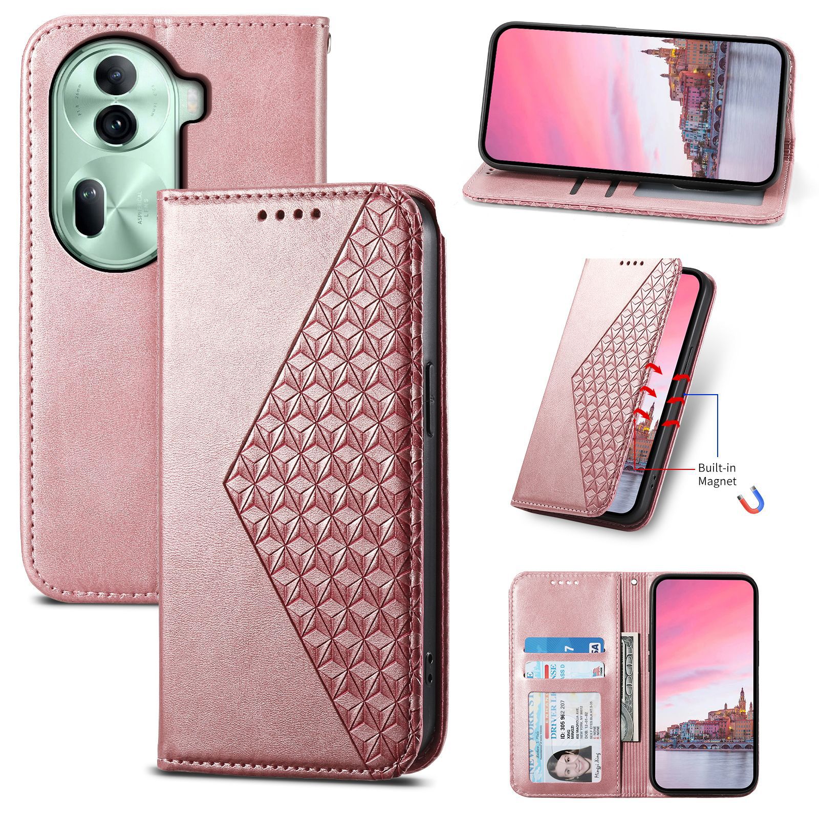 外贸适用oppo reno11菱形小牛纹手机皮套翻盖插卡手绳对吸保护套