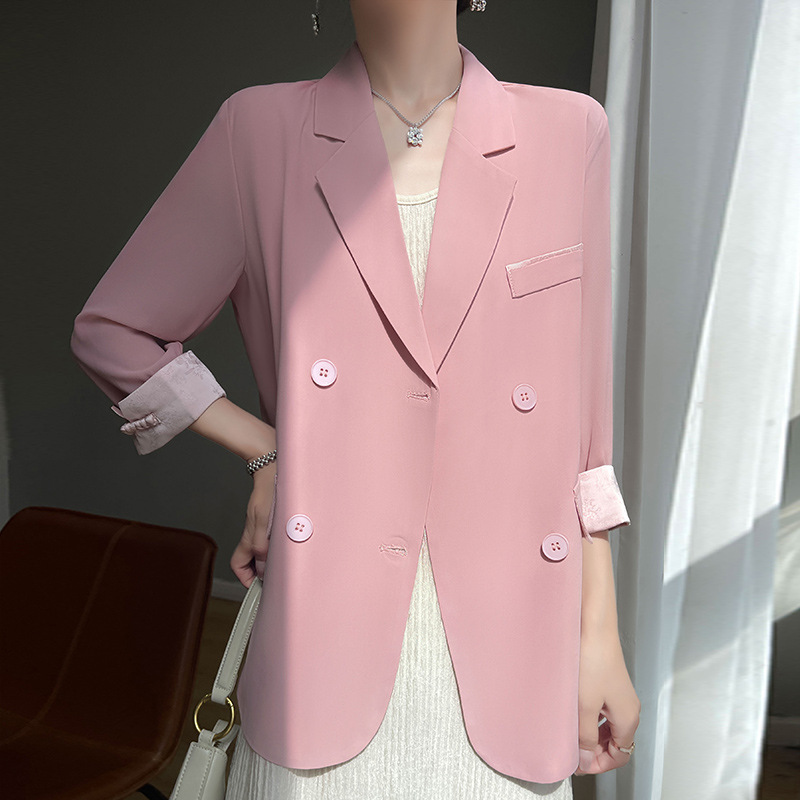 新中式国风双排扣西装外套女士春夏新款时尚盘扣七分袖外搭小西服