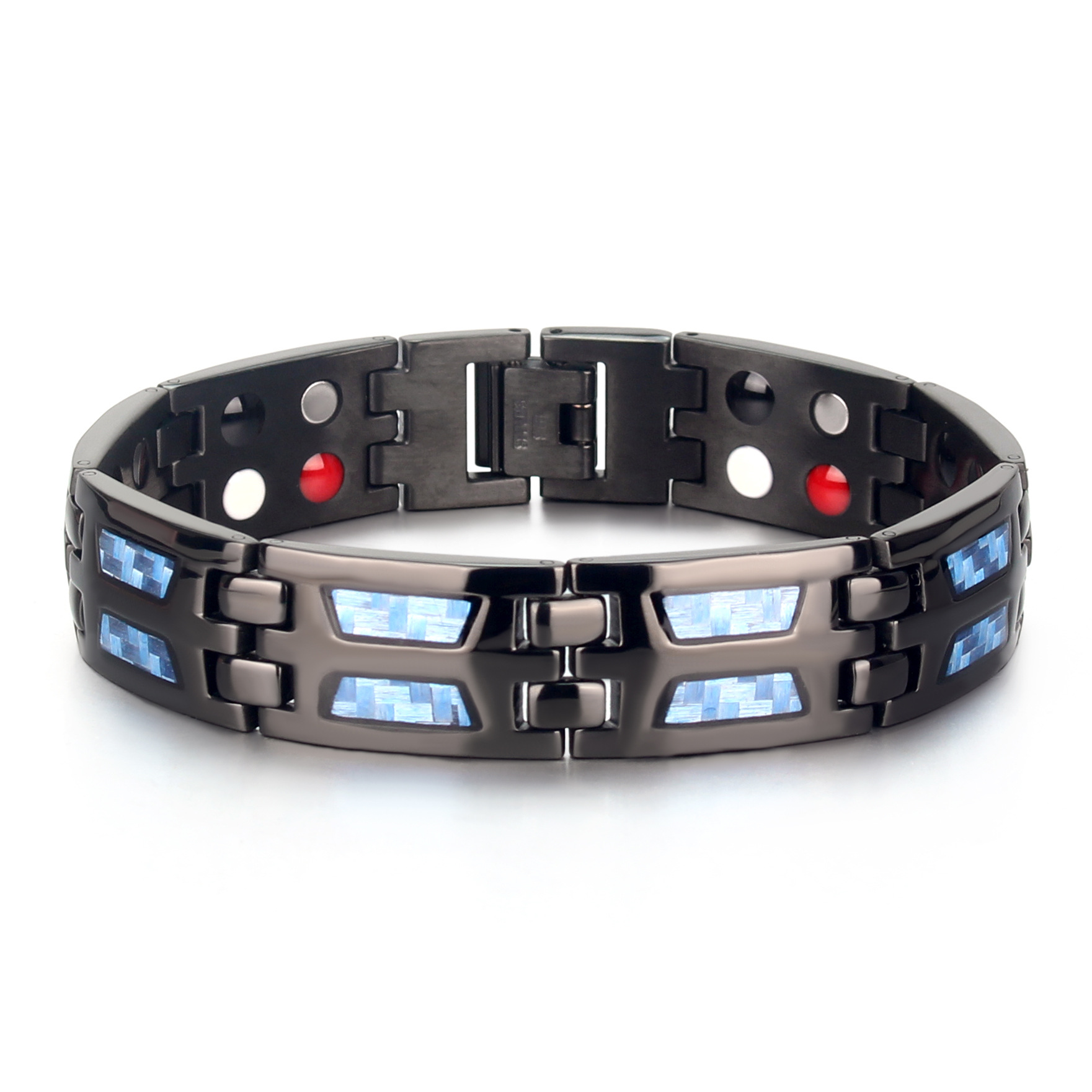 日韩时尚饰品 双排磁石镶碳纤维宽手链 黑色四合一男士磁性手环