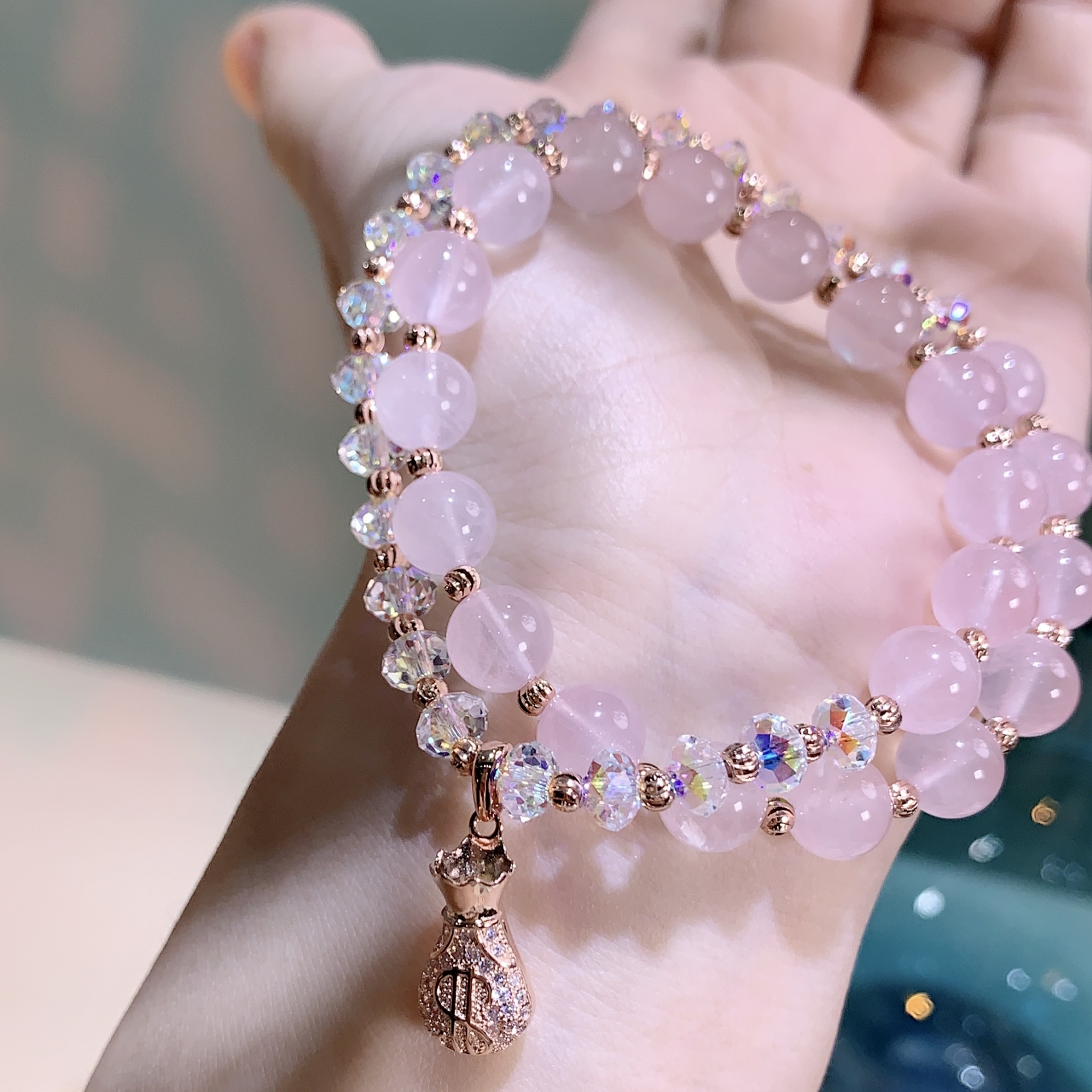 S925 Silver Rose Money Bag Pendant Natural Pink Crystal Bracelet Multi-Layer Temperament Stacked Bracelet Female One-Piece Delivery