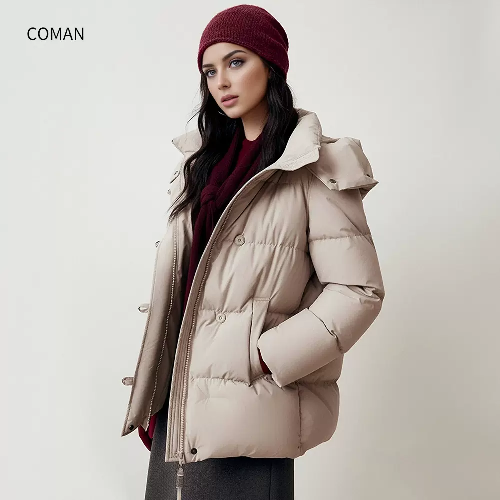 现货羽绒服加厚连帽立领90白鸭绒保暖2025冬季面包服新款气质外套