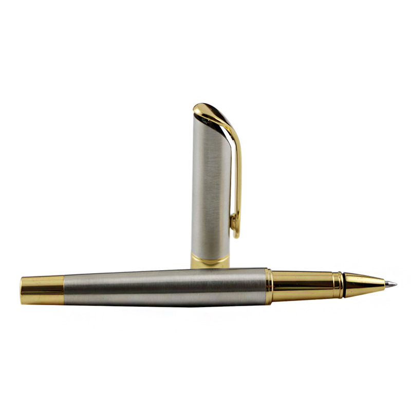 金属笔大弯笔夹水笔 金色签字笔logo定制 不锈钢拉丝纹商务礼品笔