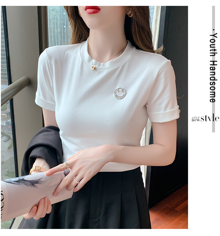 淘京79712021新款笑脸烫钻胸针纯色t恤女夏白色圆领短袖上衣