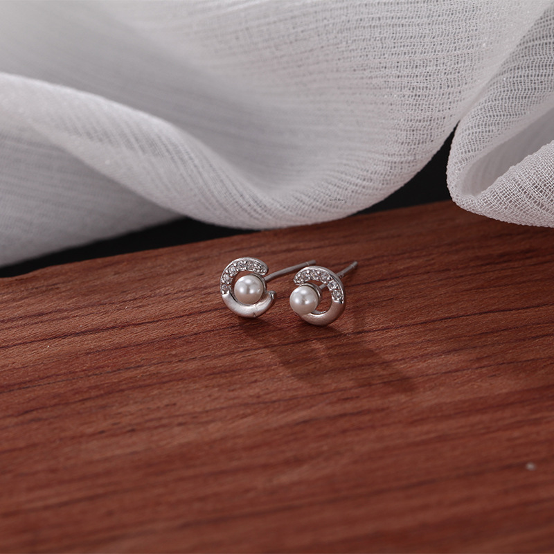 s999纯银足银韩版简约时尚圆圈珍珠耳钉女镶钻银耳饰品耳环复古女