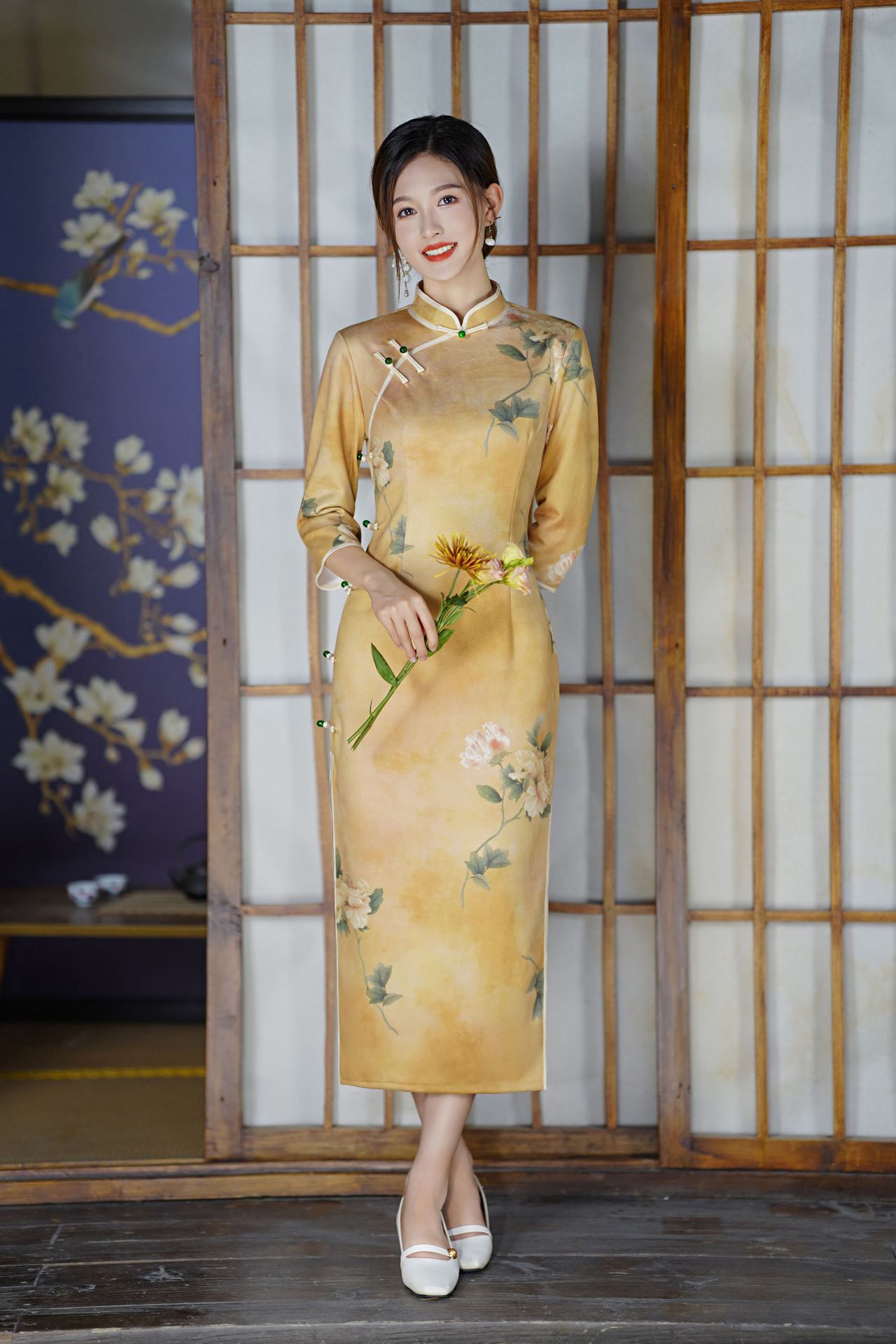 琳湘漫民国风旗袍2022年新品气质长款七分袖年轻款印花少女旗袍