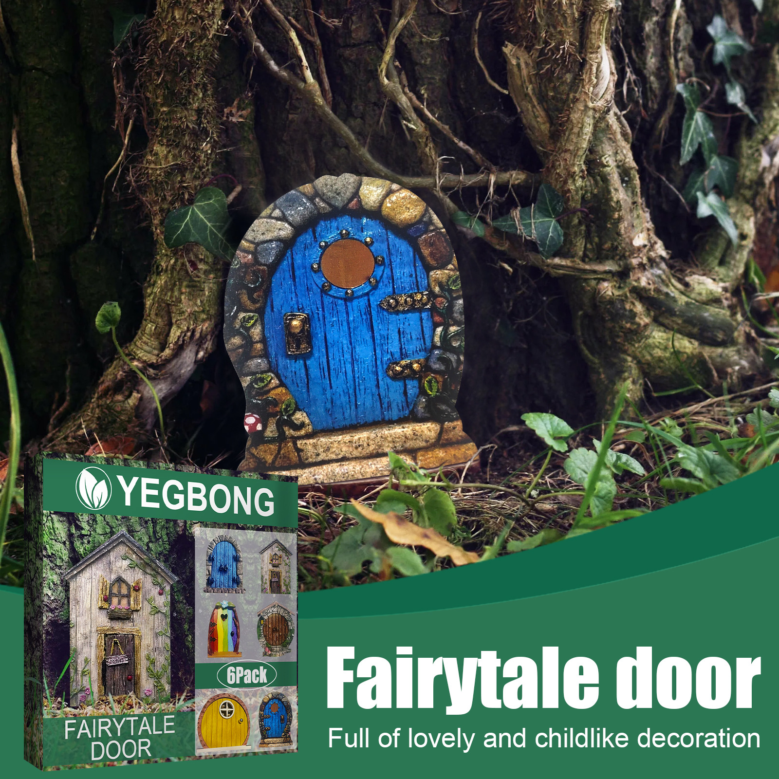 Yegbong Garden Decoration Fairy Tale Door Dwarf Decoration Fairy Tale Door Wooden Miniature Courtyard Tree Decoration