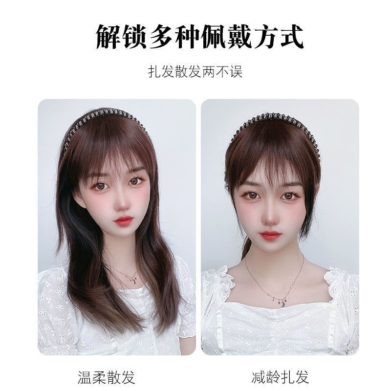 Wig Female Head Hair Supplementing Piece Simulation Headband Integrated Curly Hair Corn Curler Cover Gray Hair Hair Increase Can Be Tied Wig Set