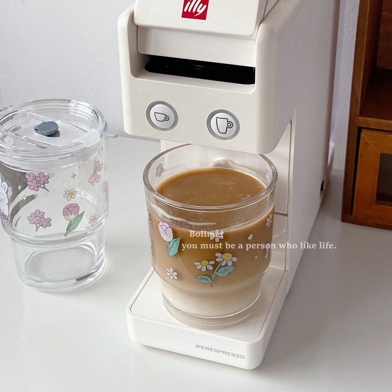 Thermal Transfer Printing Flower Room Rabbit Glass Straw Cup Girl Heart Glass Cup Milk Tea Cup Student with Cover