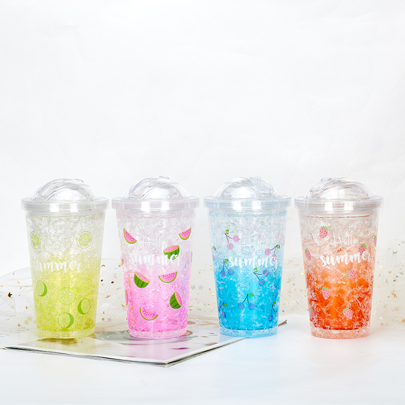 Plastic Push Cover Straw Cup Gift Double-Layer Wholesale Cup Gradient Color Frost Water Bottle Refrigeration Crushed Ice Cup