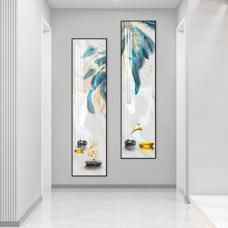 北欧风玄关装饰画现代走廊入户门壁画窄边长条形九鱼聚财竖版挂画