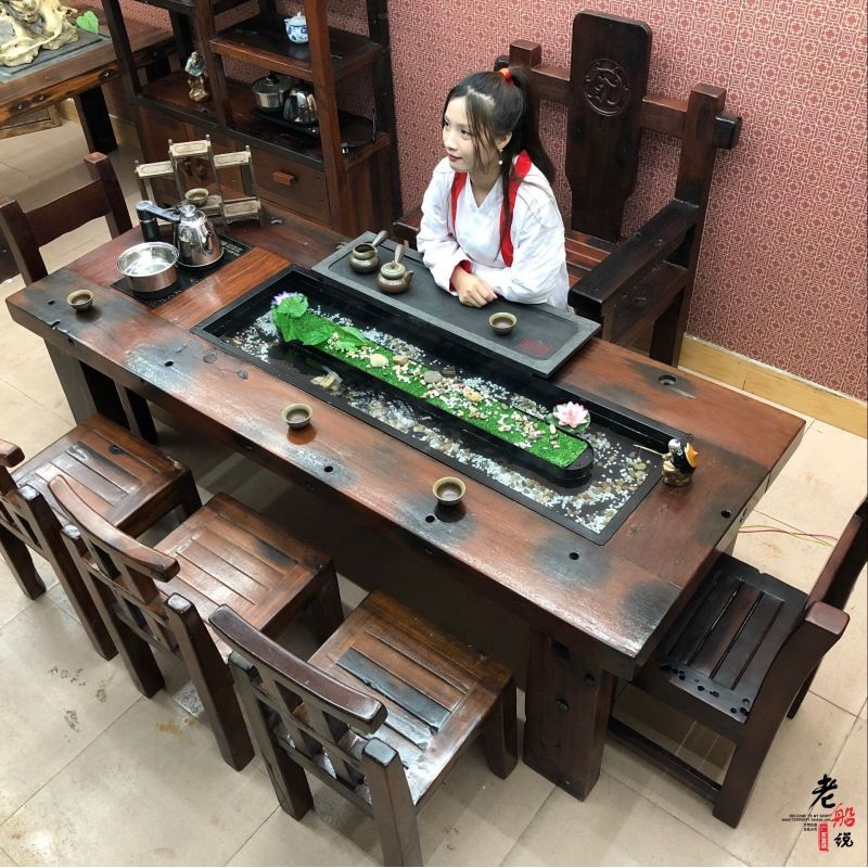 养鱼循环流水茶桌老船木喝茶桌椅组合李子柒曲水流觞茶台实木茶几