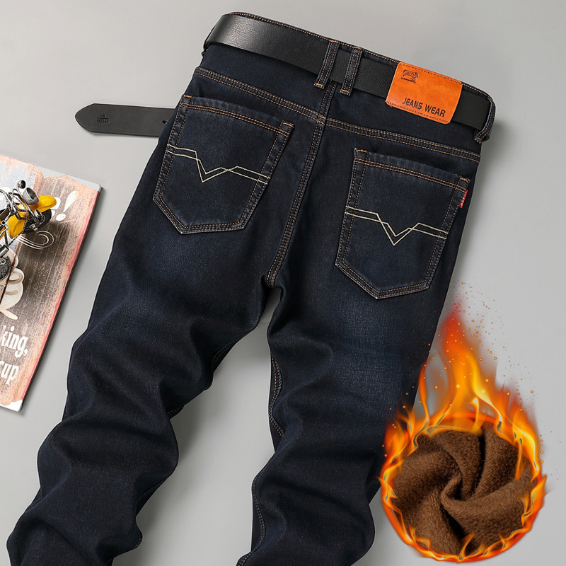 牛仔裤男加绒加厚秋冬季直筒修身潮流保暖男装休闲大码工装长裤子