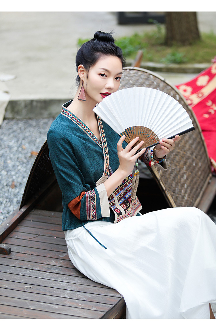 6304中国风刺绣禅意茶服外套民族风女装棉麻提花斜襟盘扣汉服小衫