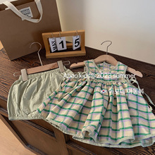 2023女童夏季格子套装绿色小清新色织格子娃娃衫背心裙短裤两件套
