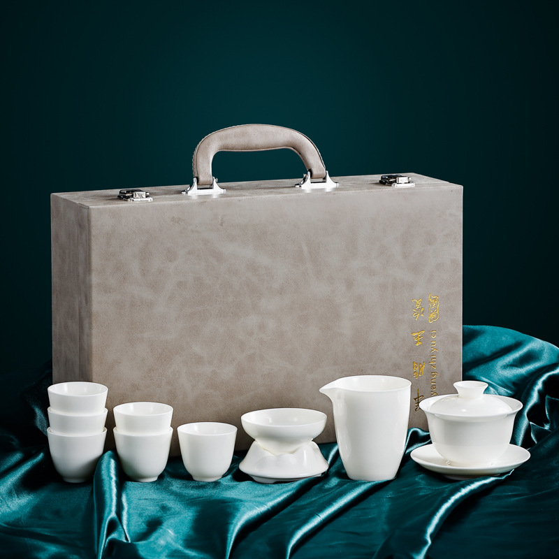 White Jade White Porcelain Teaware Set Home Office Visitors Light Luxury High-End Porcelain Gaiwan Kung Fu Tea Cup