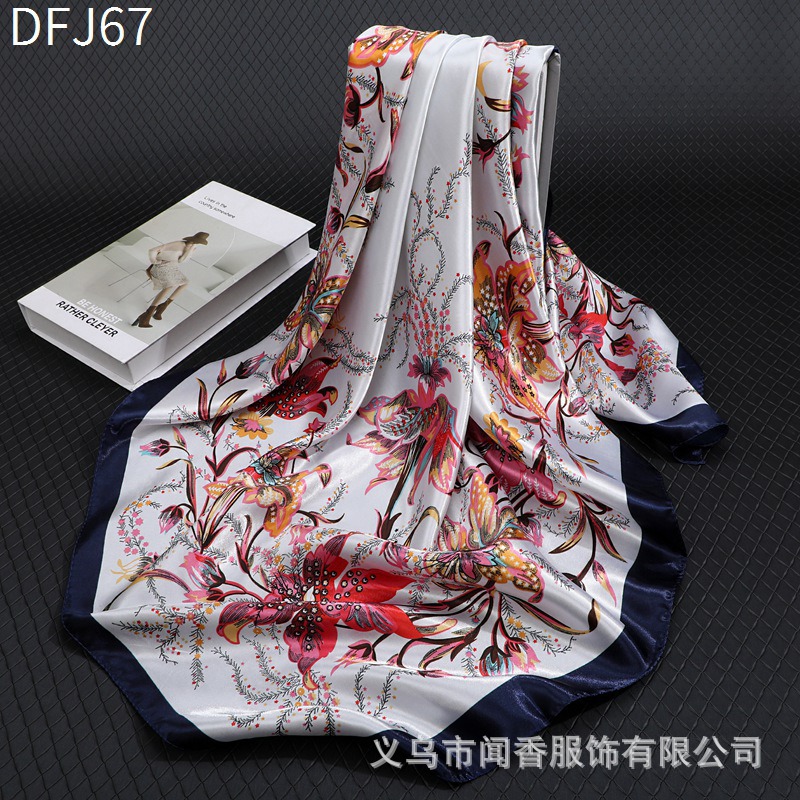 Hot Sale 90 Square Scarf Satin Emulation Silk Scarf Glossy Printed Scarf for Middle-Aged and Elderly People Sun Protection Closed Head Scarf Shawl