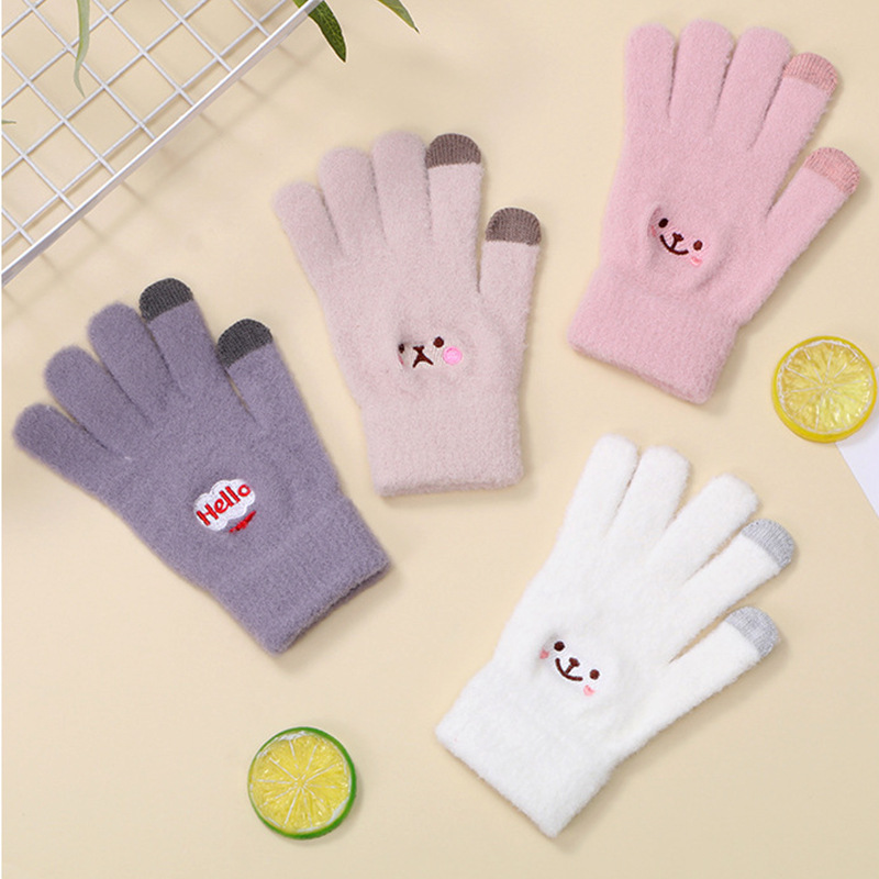 2023 New Embroidered Gloves Women's Cute Cartoon Smiley Bear Touch Screen Keep Warm and Cold Protection in Winter Men's Knitted Gloves