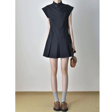 新中式轻国风立领小飞袖背心短裙设计感小个子黑色拼接百褶连衣裙