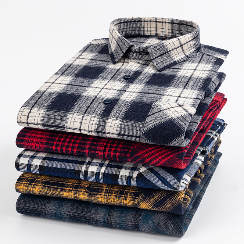 New Pure Cotton Men's Brushed Long Sleeve Shirt Coat Middle-Aged Leisure Spring and Autumn Cotton Plaid Shirt Dad Wear