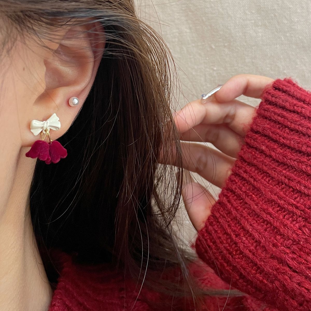 Bowknot Flocking Earrings Set Exquisite Design Niche Earrings High-Grade Temperament Cute Earrings Autumn and Winter