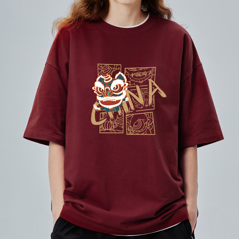 国潮印花短袖纯棉精梳棉打底衫潮牌宽松落肩t恤个性情侣款-阿里巴巴